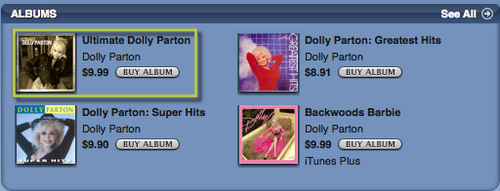 iTunes store with Dolly Parton albums highlighted